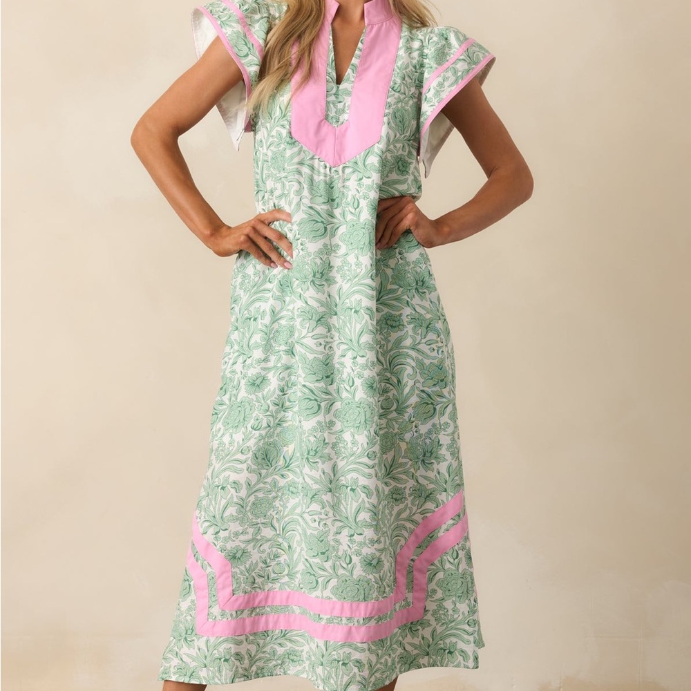 Green Floral Maxi Dress with Pink Trim